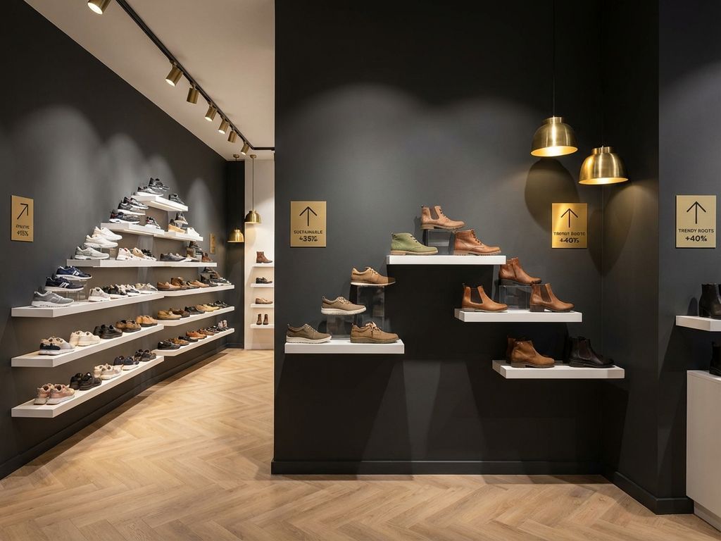 B2B schoenenwinkel showroom met sneakers, wandelschoenen en duurzame schoeisel op witte planken met warme verlichting