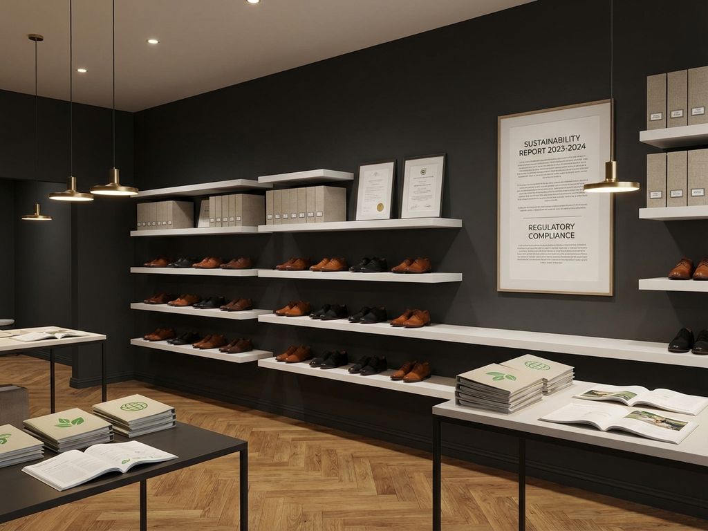 Moderne schoenwinkel met premium leren schoenen en duurzaamheidsrapporten op witte planken, donkere muren en houten vloer