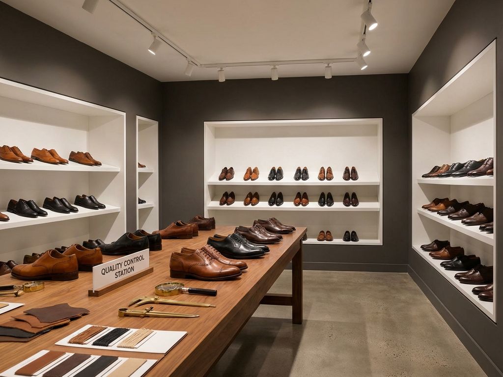 Professionele B2B schoenenshowroom met kwaliteitscontrole-instrumenten, premium leren schoenen en inspectietools op houten werkbank