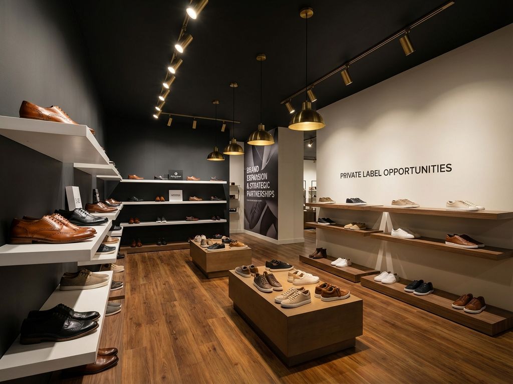 Professionele schoenenwinkel met merkschoenen links en private label mogelijkheden rechts, warme verlichting en houten vloer