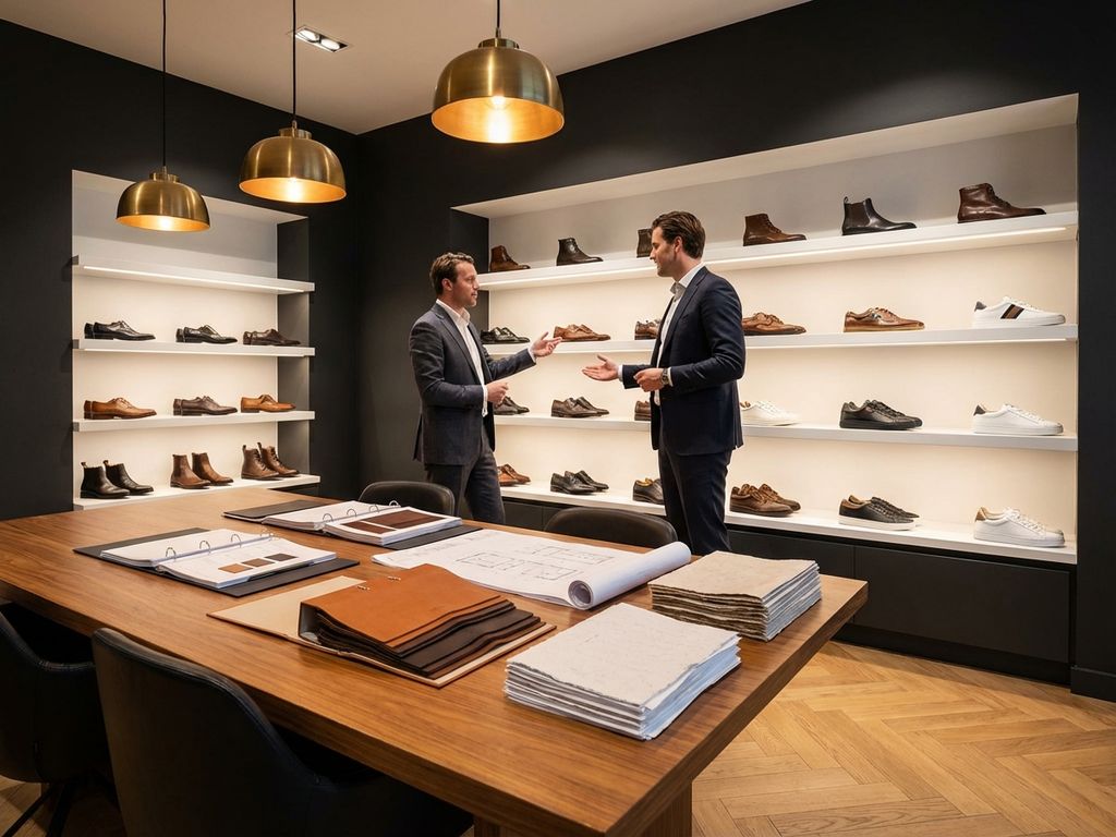 Professionele B2B schoenenshowroom met diverse schoencollecties op witte planken en vergadertafel met leermonsters