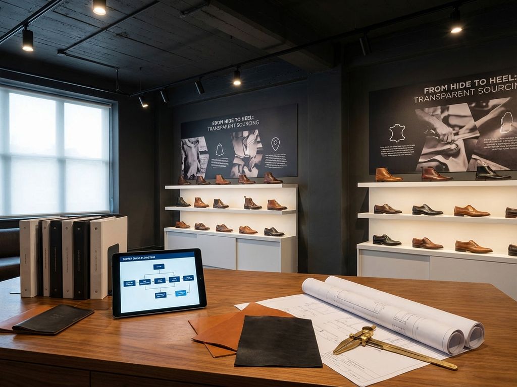 Moderne B2B schoenenshowroom met traceerbaarheidstools, leren schoenen op witte planken en houten werkstation met kwaliteitscontrole