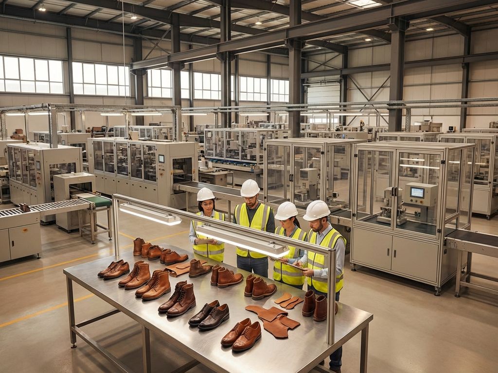 Moderne schoenenfabriek met leren schoenen op inspectietafels, productielijn en kwaliteitscontrole-apparatuur op achtergrond