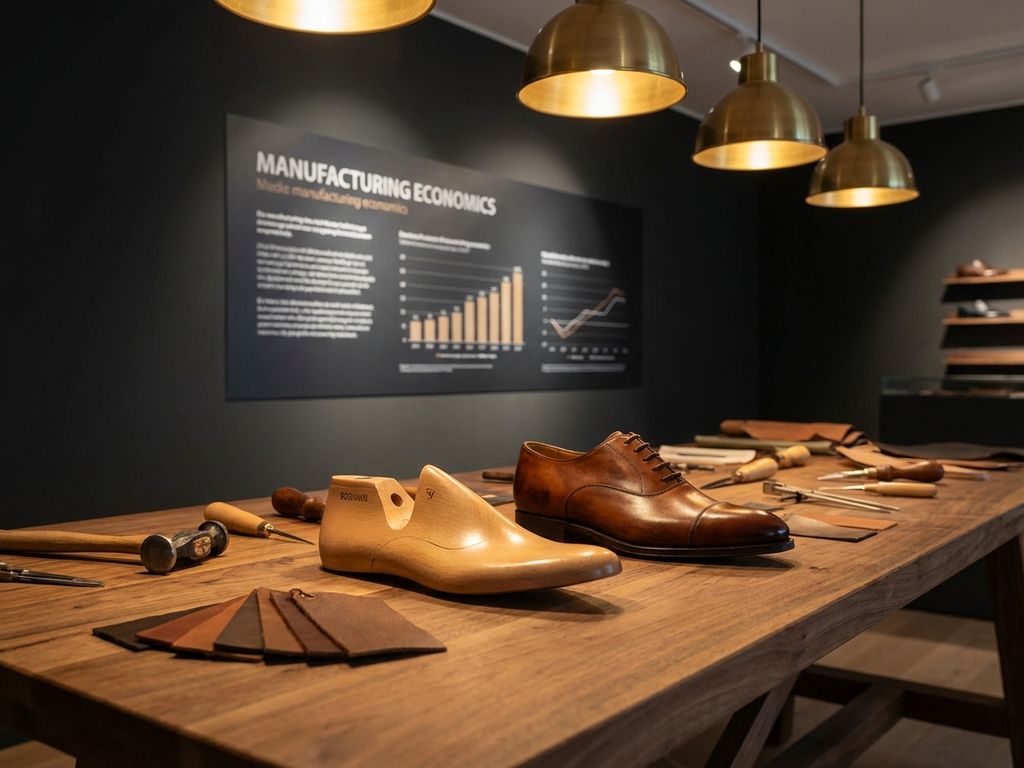 Houten schoenenmal en premium leren schoen op werkbank in B2B showroom met gereedschap en luxe verlichting