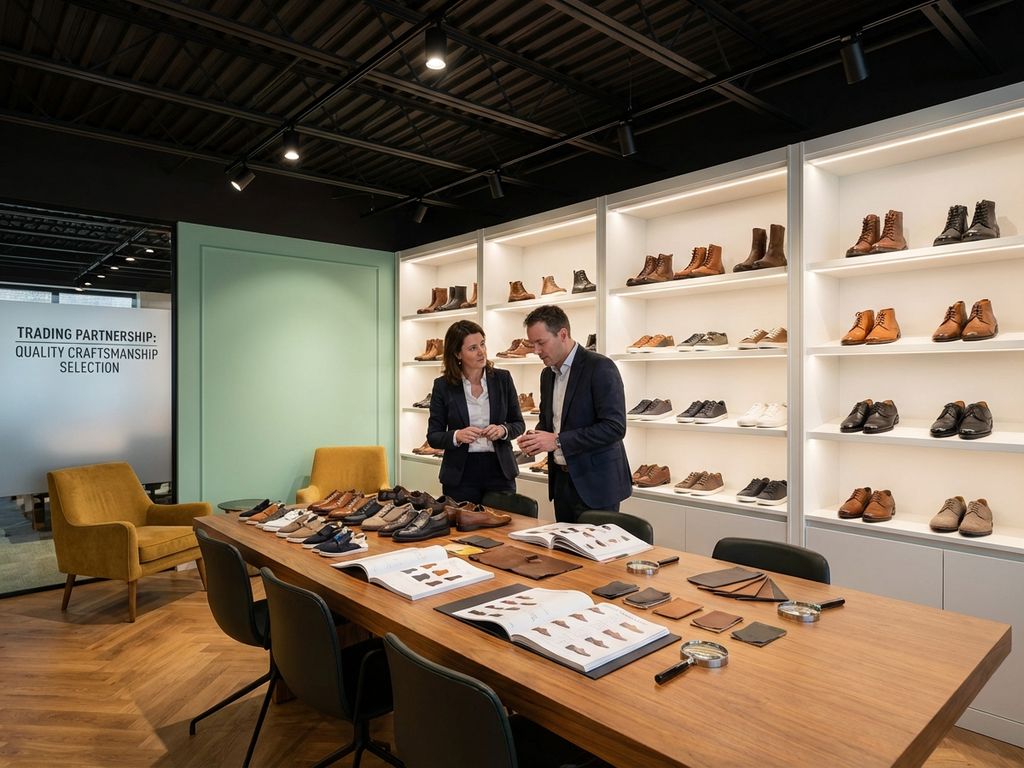 B2B schoenenproductie showroom met houten vergadertafel, schoenmonsters, catalogi en elegante schoenencollectie op planken