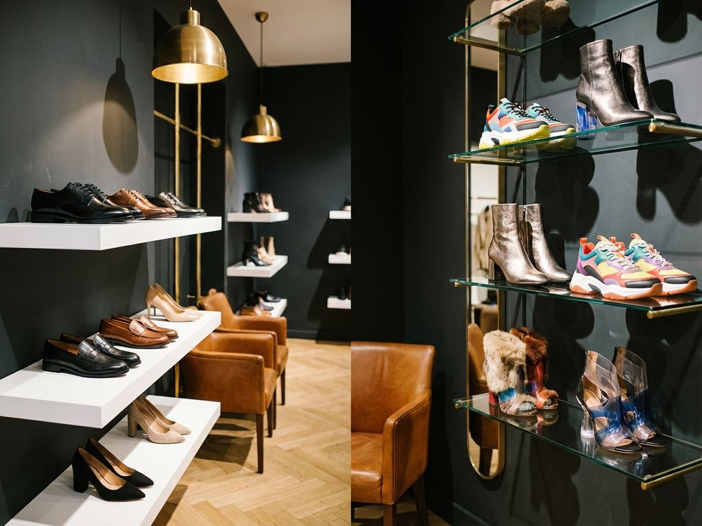 Elegante schoenwinkel etalage met klassieke leren schoenen links en trendy kleurrijke sneakers rechts op witte planken