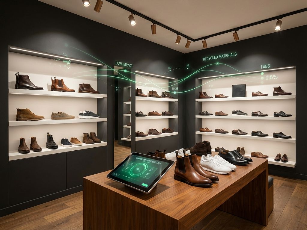 Moderne schoenenwinkel met digitaal meetapparaat en duurzaamheidsvisualisatie boven laarzen, sneakers en nette schoenen