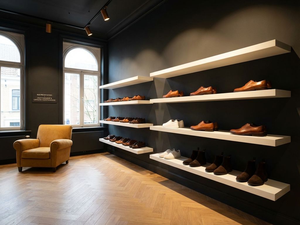 Luxe schoenenwinkel interieur met leren schoenen op witte planken tegen donkere muren, gele stoel op houten vloer