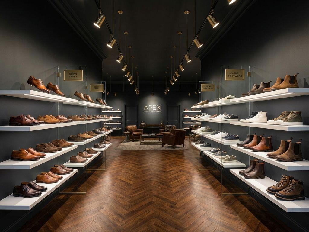 Elegante schoenwinkel showroom met leren schoenen, laarzen en casual schoeisel op witte planken tegen donkere muren