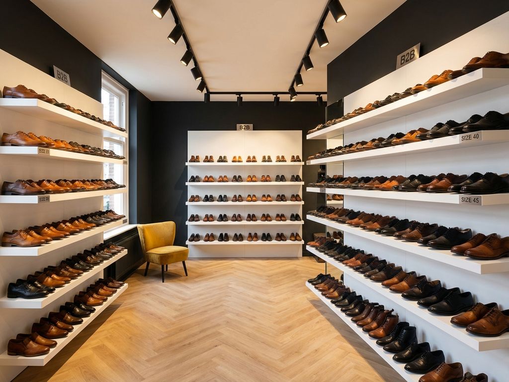 Professionele schoenwinkel interieur met witte planken, leren schoenen georganiseerd op maat, warme verlichting op eiken vloer