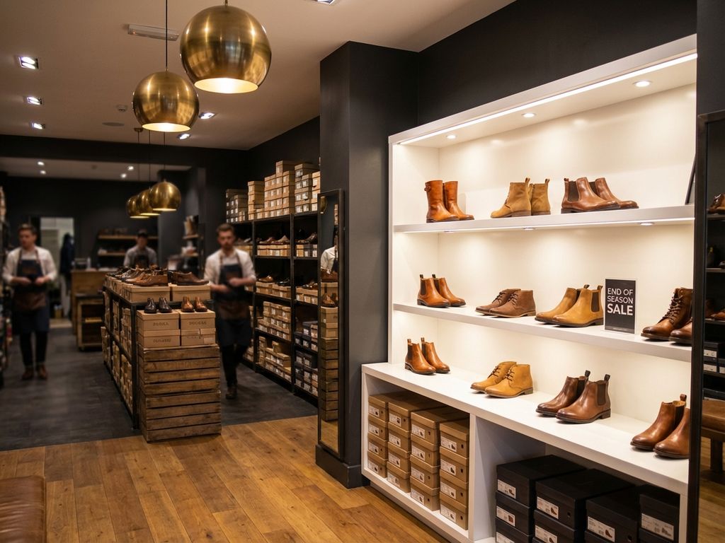 Professionele schoenwinkel met georganiseerde witte schappen, laarzen en seizoensschoenen onder warme verlichting