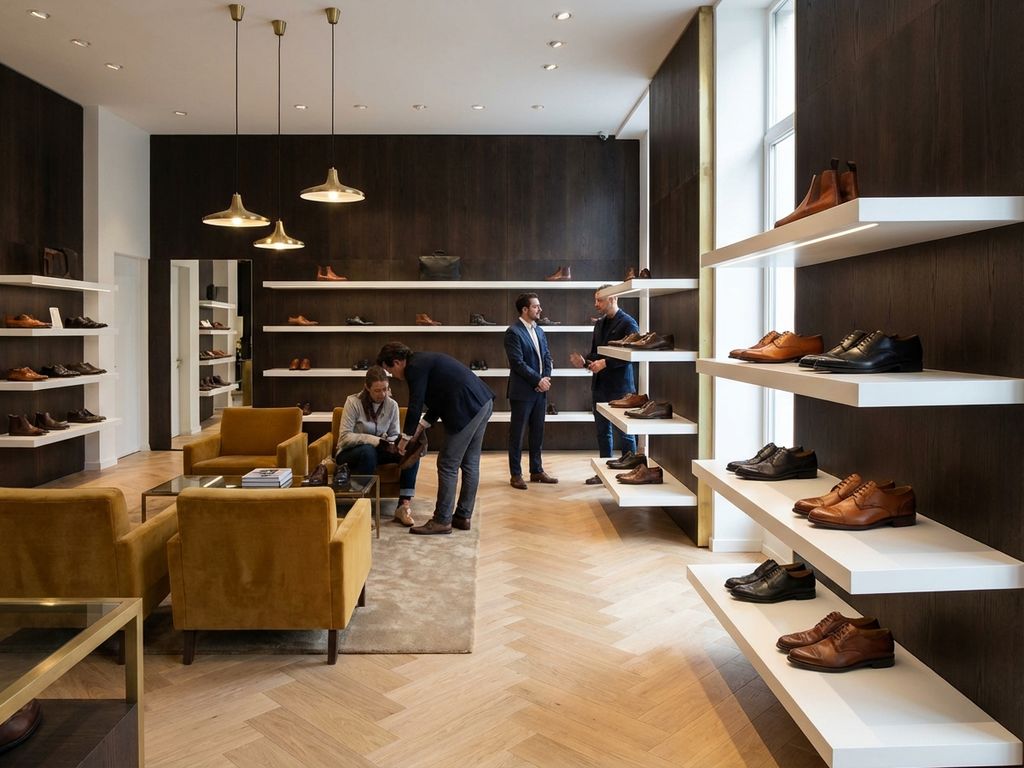 Moderne schoenwinkel showroom met witte planken, premium leren schoenen en gele zithoek voor klanten om producten te passen