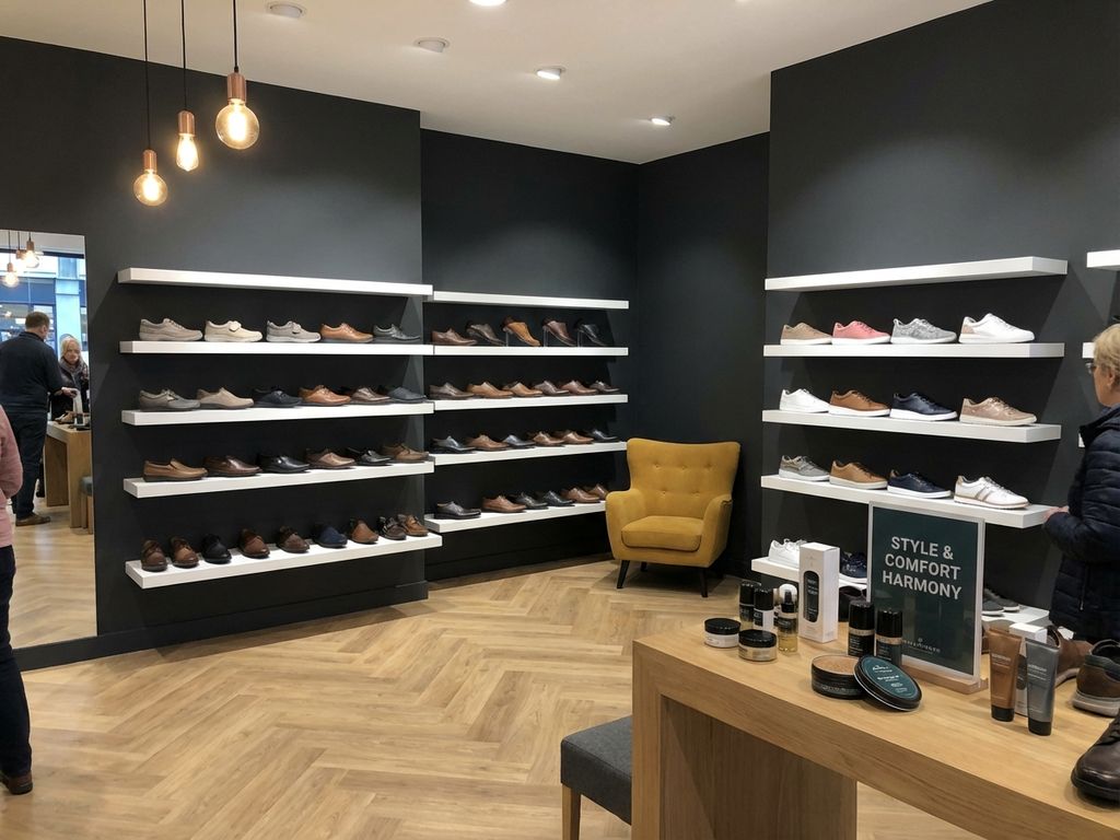 Professionele schoenenwinkel met comfortabele en stijlvolle schoenen op witte planken tegen donkere muren