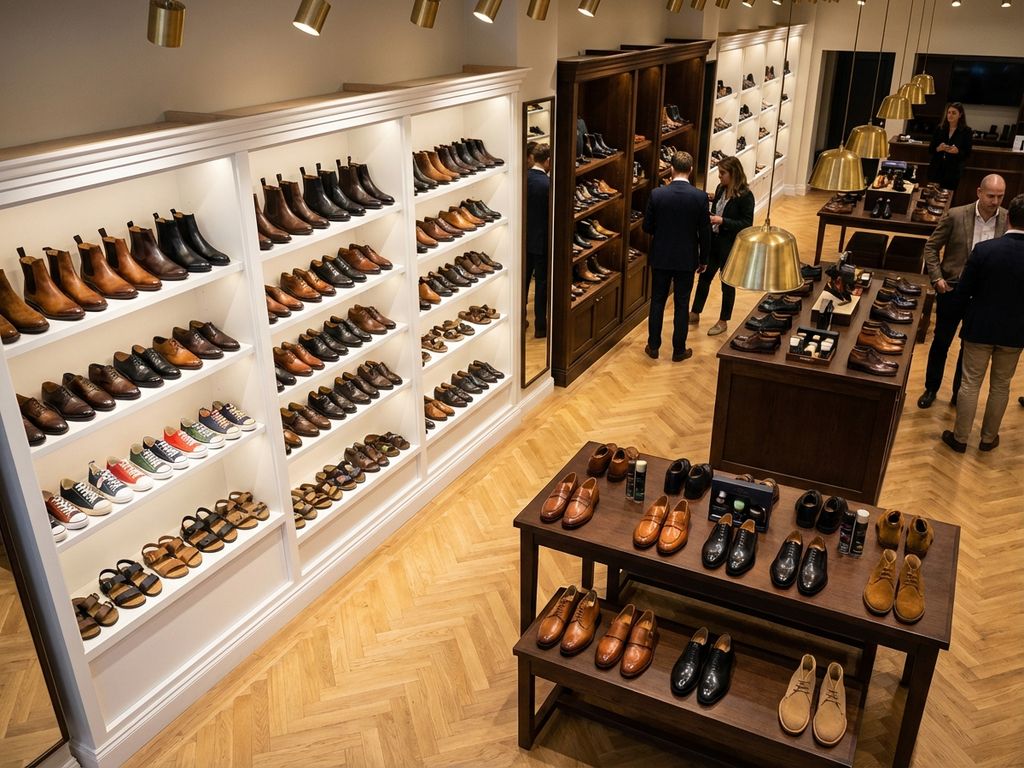 Professionele schoenwinkel showroom met diverse schoenen op witte en donkere houten displays, warm verlicht interieur