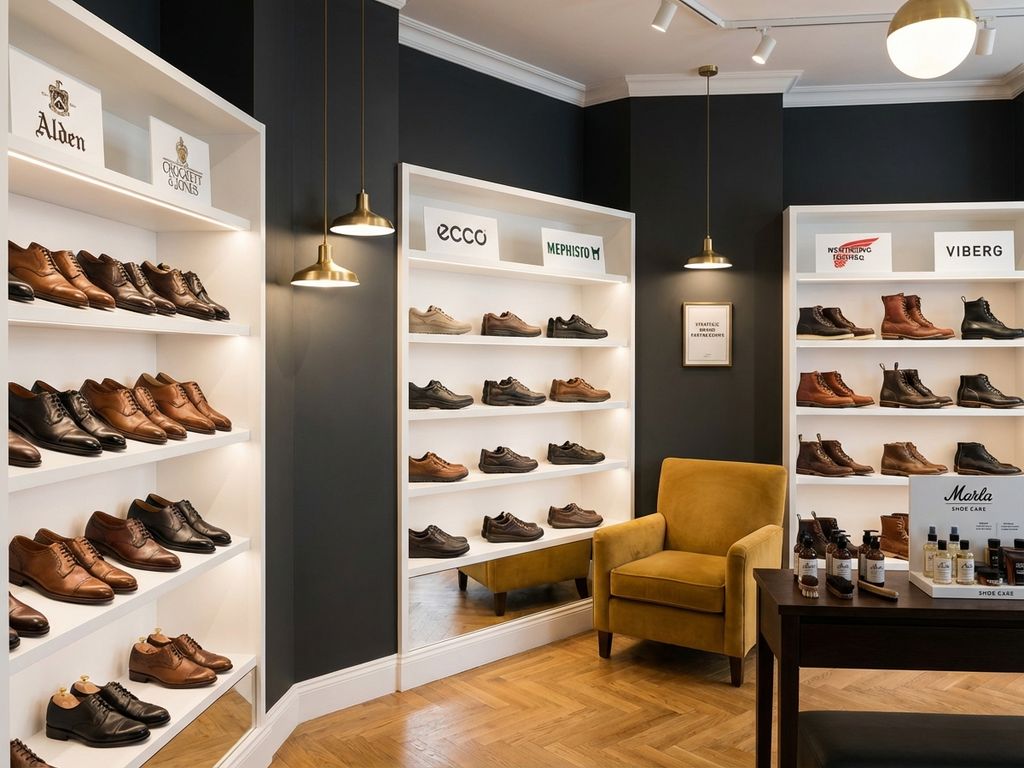 Professionele schoenwinkel showroom met diverse schoenmerken op witte planken, warme eiken vloer en elegante verlichting