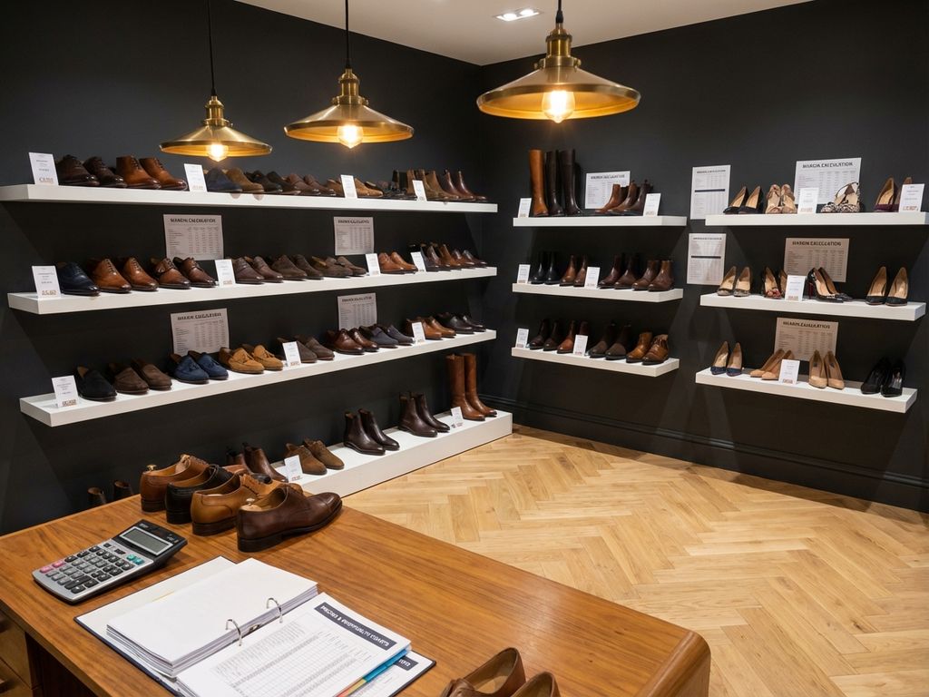 Professionele schoenwinkel showroom met premium schoenen op witte planken, bureau met calculaties en prijsanalyse