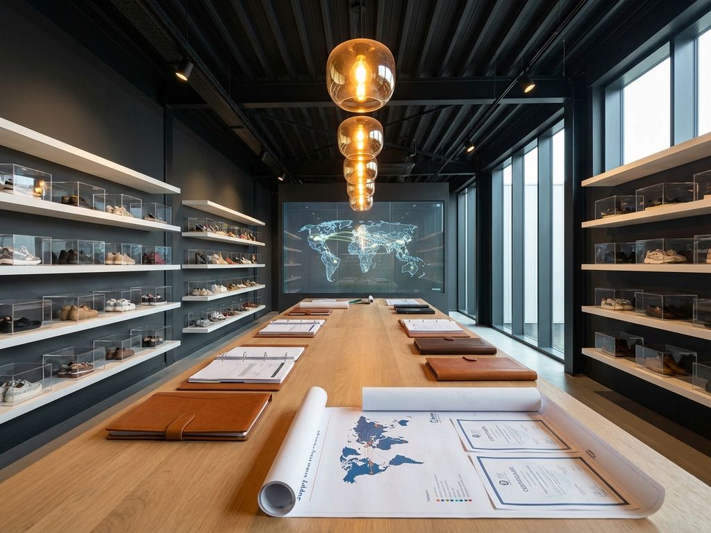 Moderne B2B schoenwinkel showroom met houten displaytafel vol supply chain documentatie en schoencollecties op witte planken