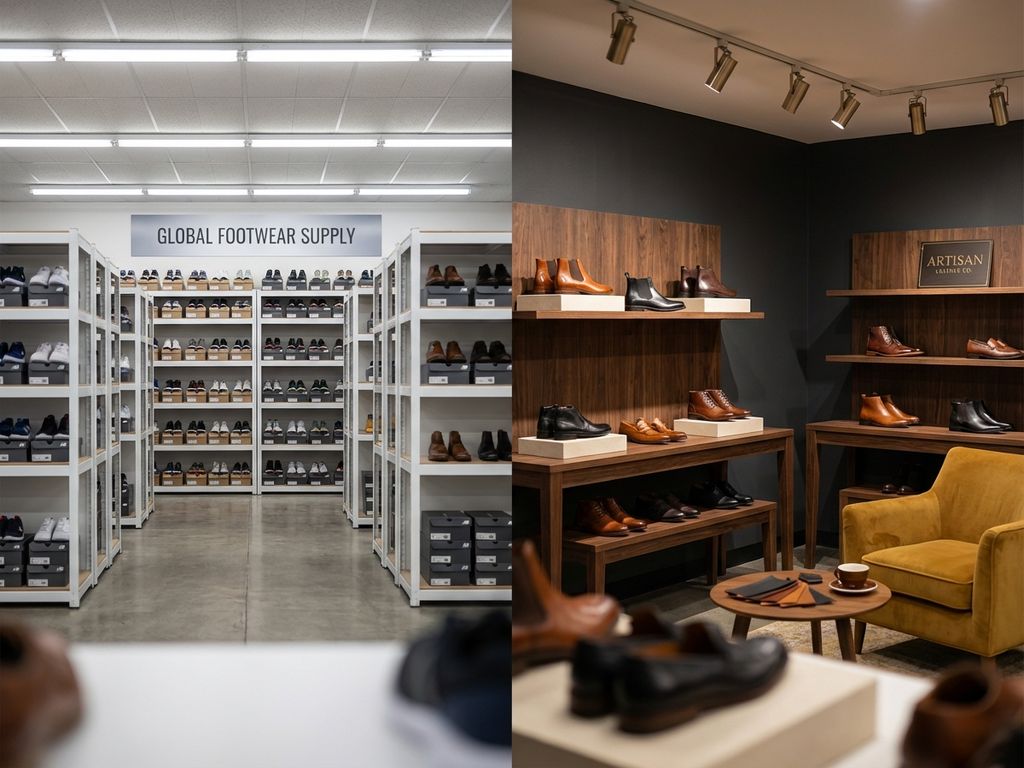 B2B schoenwinkel vergelijking: massaproductie display links versus premium onafhankelijke retailer met warme houten inrichting rechts