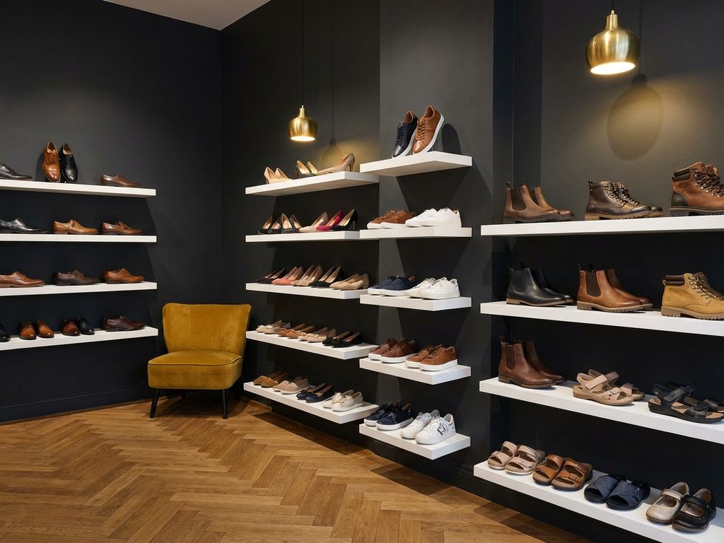 Professionele schoenwinkel showroom met diverse schoenen op witte wandplanken, eiken vloer en gouden verlichting