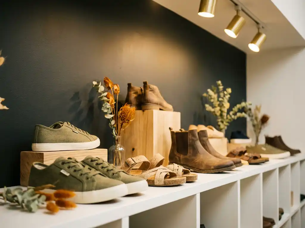 Duurzame schoenen van hennep, kurk en gerecycled leer op houten planken in showroom met warme verlichting
