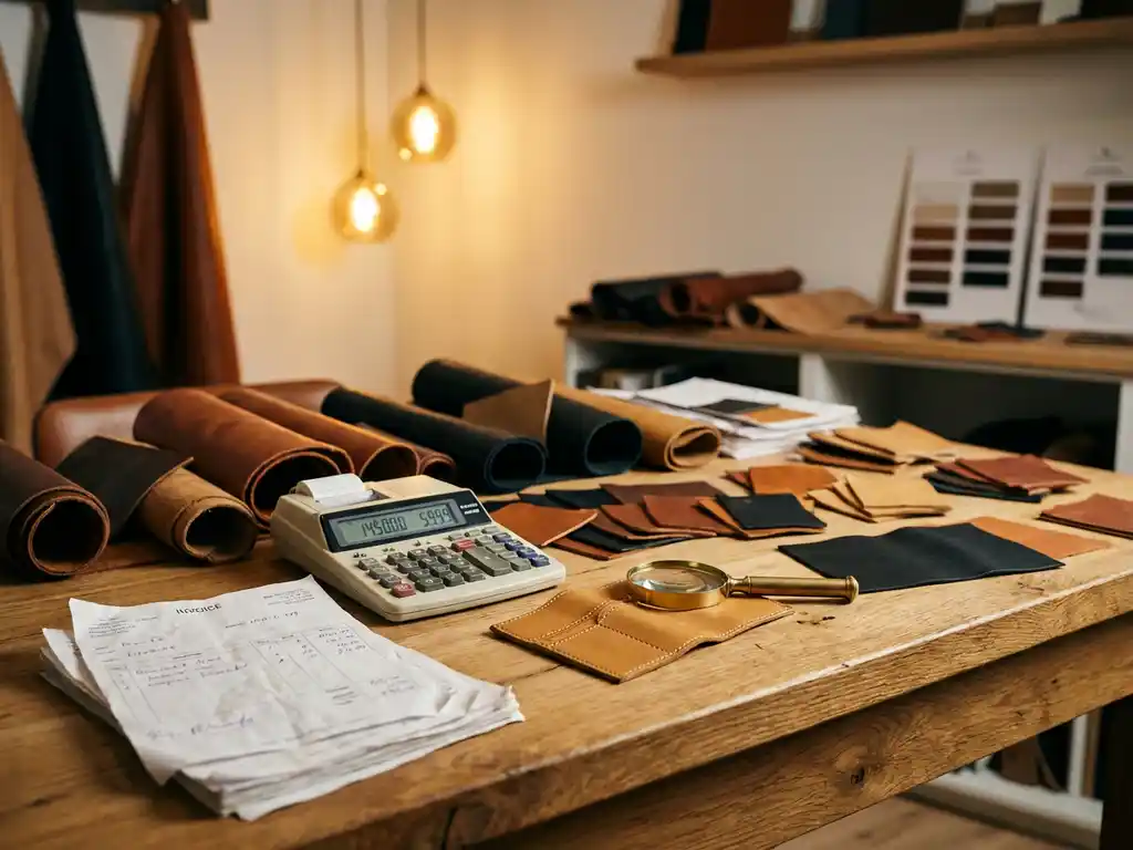 Houten bureau met leren schoenstalen in cognac, zwart en camel kleuren, rekenmachine, facturen en vergrootglas voor detailonderzoek