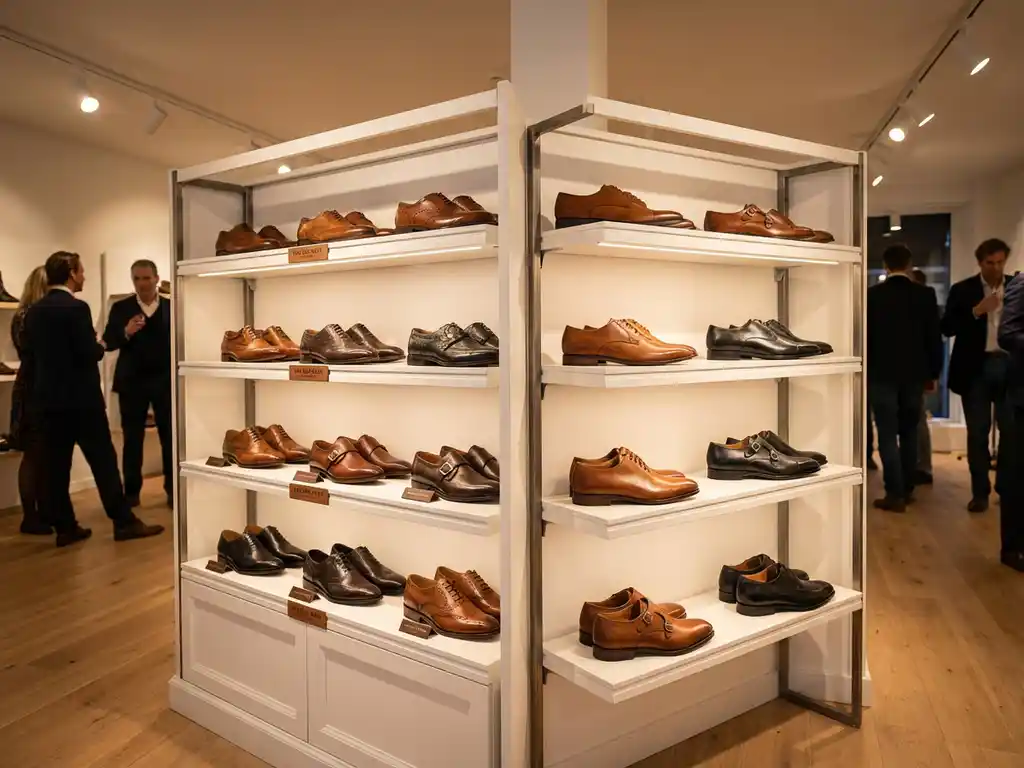 Luxe leren herenschoenen in cognac en zwart op witte schappen in Nederlandse schoenwinkel met eiken vloer