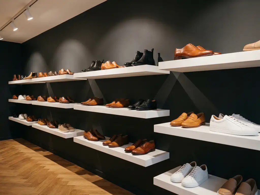 Diverse collectie leren schoenen op witte zwevende planken tegen donkere muur, inclusief cognac oxfords, zwarte enkellaarzen en kameel loafers