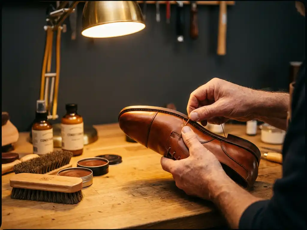 Vakman inspecteert premium leren herenschoen onder warme spotverlichting op eiken werkbank met leerverzorgingstools