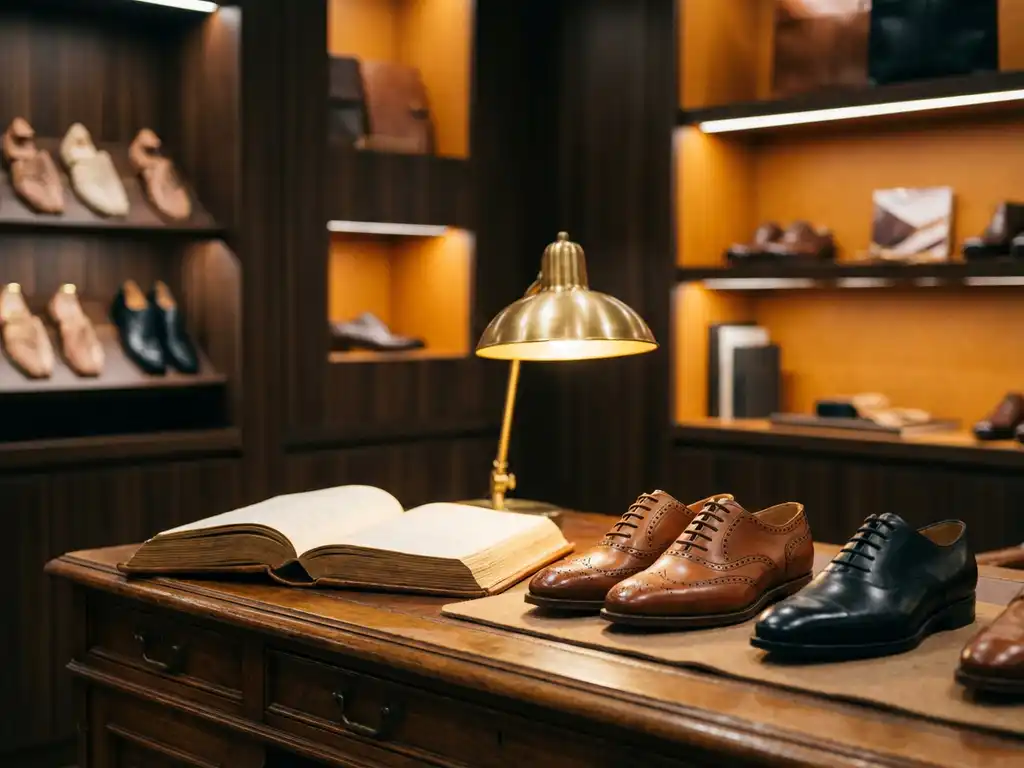 Open leren catalogus naast cognac en zwarte leren schoenmonsters op gepolijst houten bureau, verlicht door warme messing bureaulamp