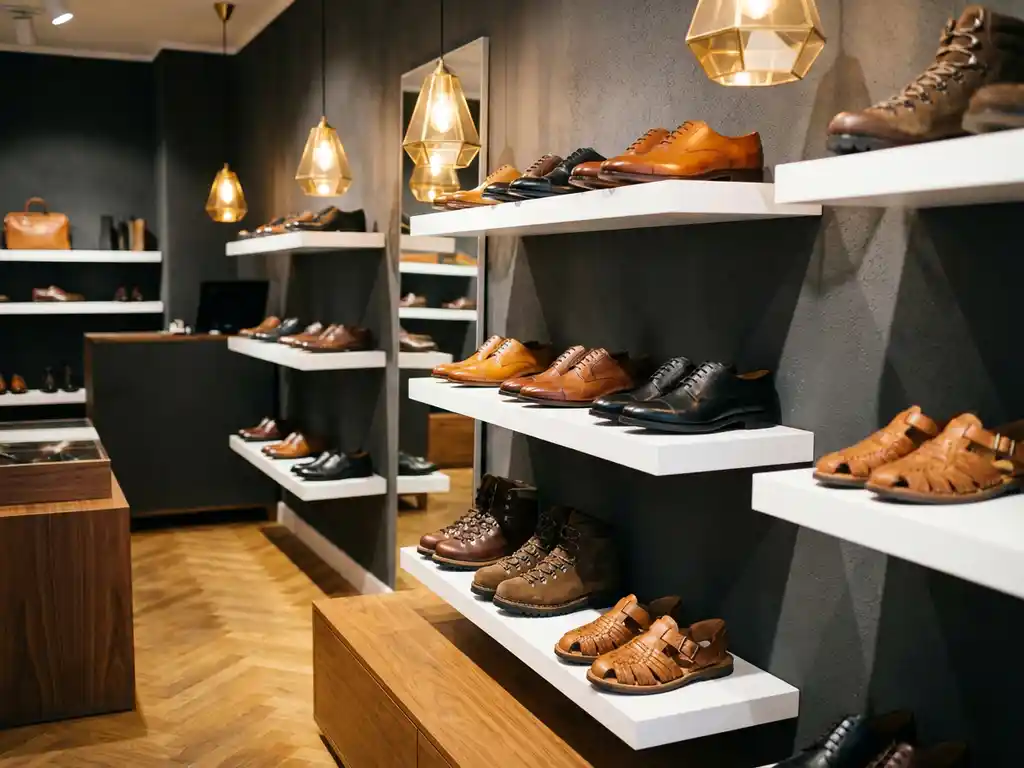 Luxe schoenwinkel met Italiaanse leren schoenen, Duitse wandelschoenen en Braziliaanse sandalen op witte planken tegen donkergrijze muur