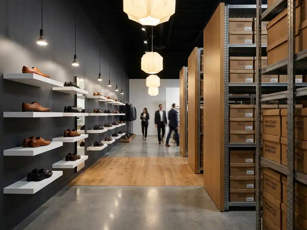 Moderne schoenwinkel showroom met elegante zakenschoenen op witte wandplanken, B2B groothandel voorraadboxen en B2C retail presentatie, eiken vloer en hanglampverlichting