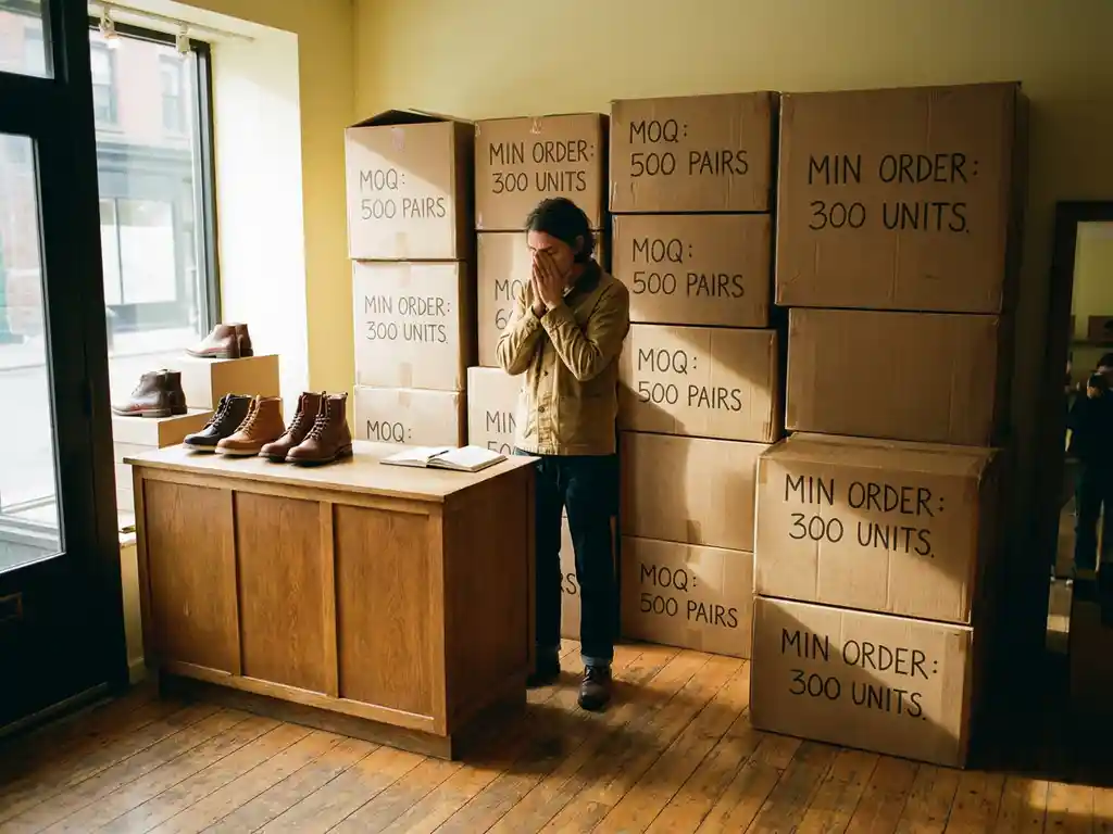 Kleine schoenwinkel eigenaar staat overweldigd voor hoge stapels kartonnen dozen met minimale bestelhoeveelheden