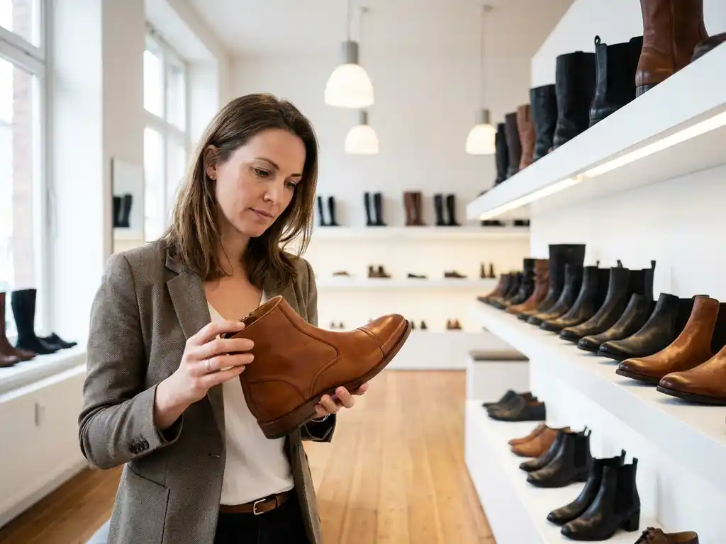 Retailkoper onderzoekt premium leren laars in moderne schoenwinkel met witte planken en warme houten vloeren
