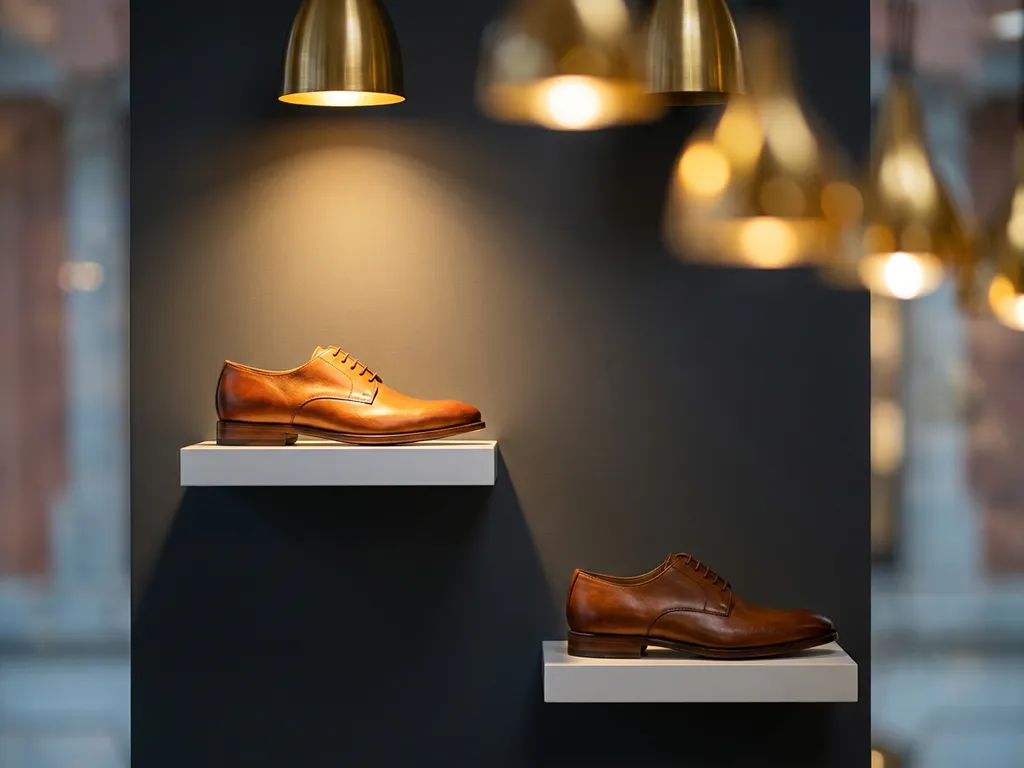 Luxe cognackleurige leren schoenen op witte wandplanken met dramatische verlichting tegen donkergrijze muur