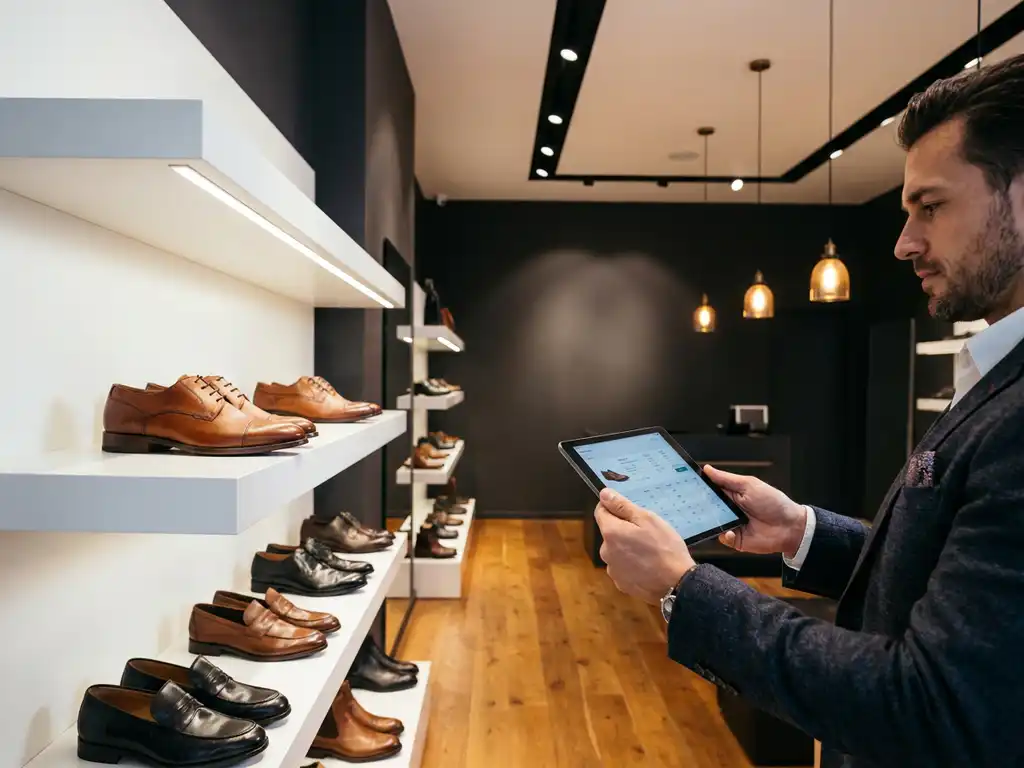 Retail inkoper bekijkt leren herenschoenen op witte planken terwijl hij productspecificaties controleert op tablet in luxe showroom