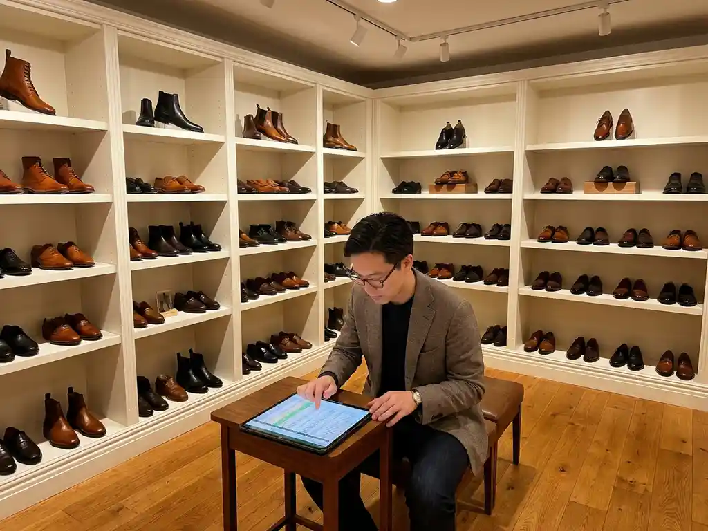 Retailinkoper bestudeert inventarisatielijst tussen georganiseerde schoenendisplays met cognac, zwarte en bruine leren schoenen