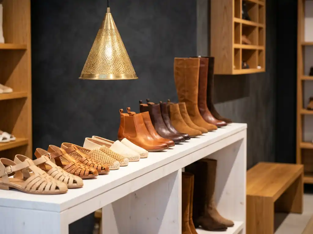 Rij seizoensschoenen op witte planken tegen donkergrijze muur met messing hanglamp in luxe schoenwinkel