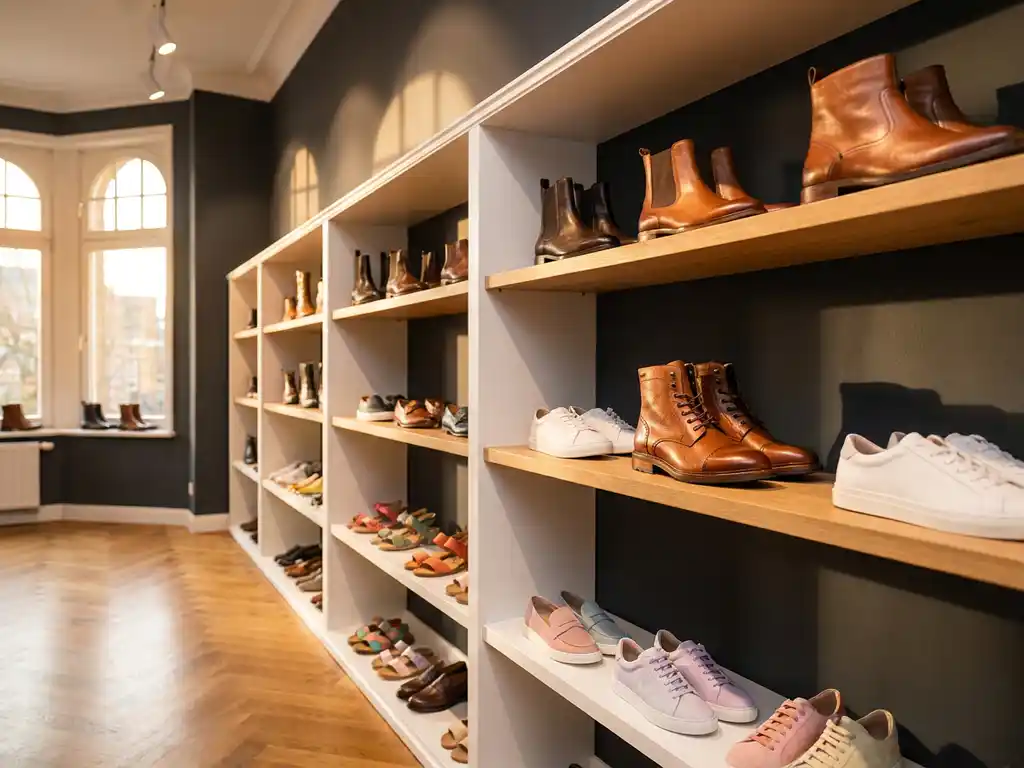 Witte schoenenwand met seizoensgebonden schoenen, herfstlaarzen bovenop en lenteandalen onderaan, warme verlichting op houtenvloer