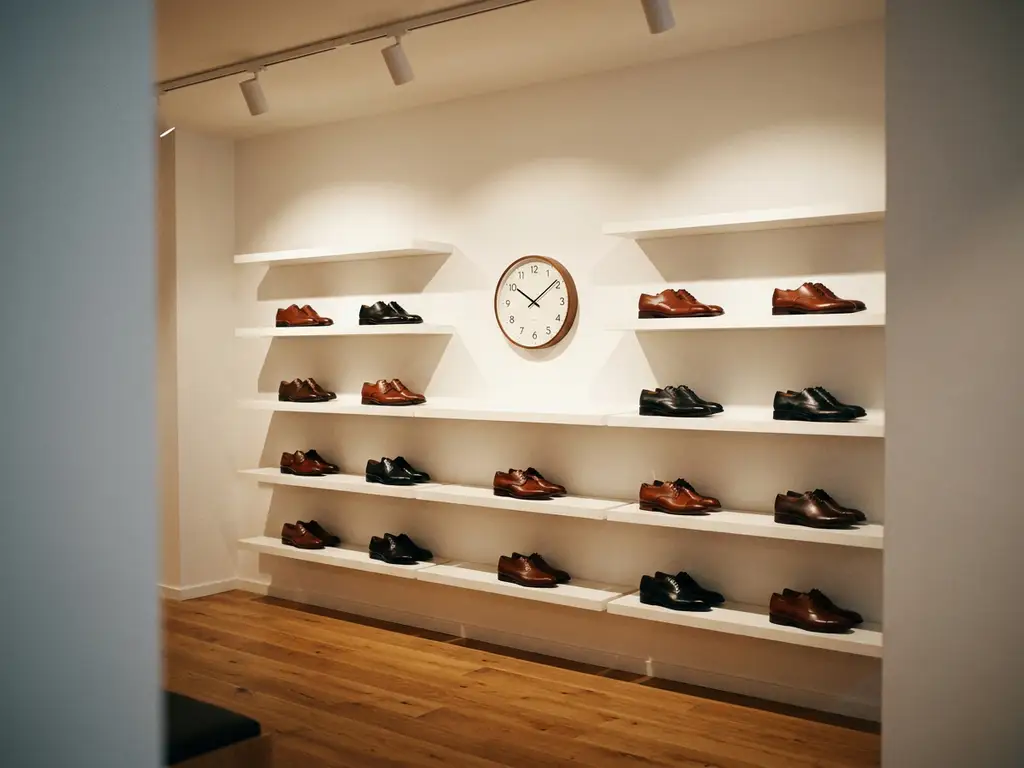 Wandgemonteerde schoenendisplay met leren schoenen op witte planken en analoge klok in luxe winkelinterieur
