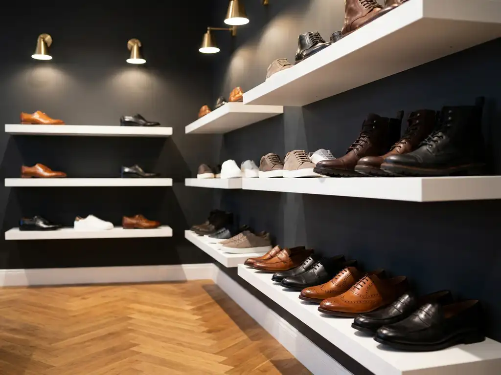 Georganiseerde schoenenwand met leren schoenen, sneakers en laarzen op witte planken tegen donkere achtergrond in luxe showroom