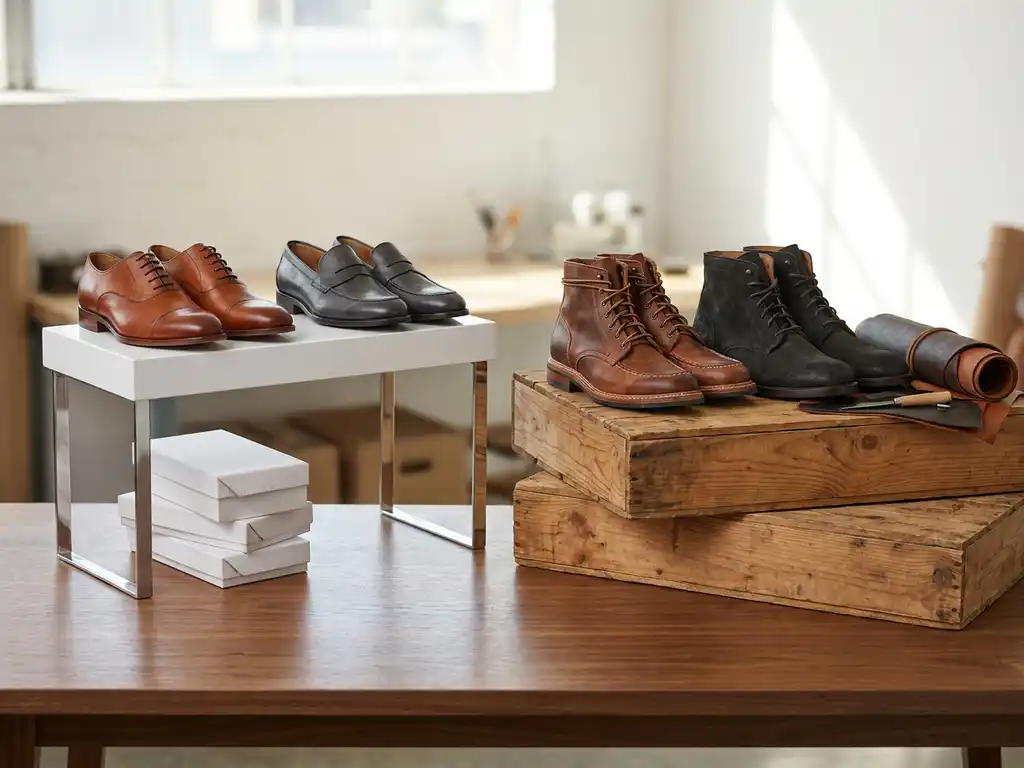 Houten bureau met elegante leren schoenen op witte planken en handgemaakte laarzen op houten kratten, showcasing groothandel versus directe inkoop