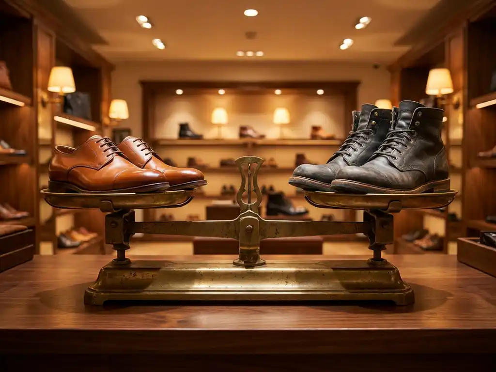 Messing weegschaal met glanzende leren schoenen en werkschoenen op walnoten bureau in schoenenwinkel