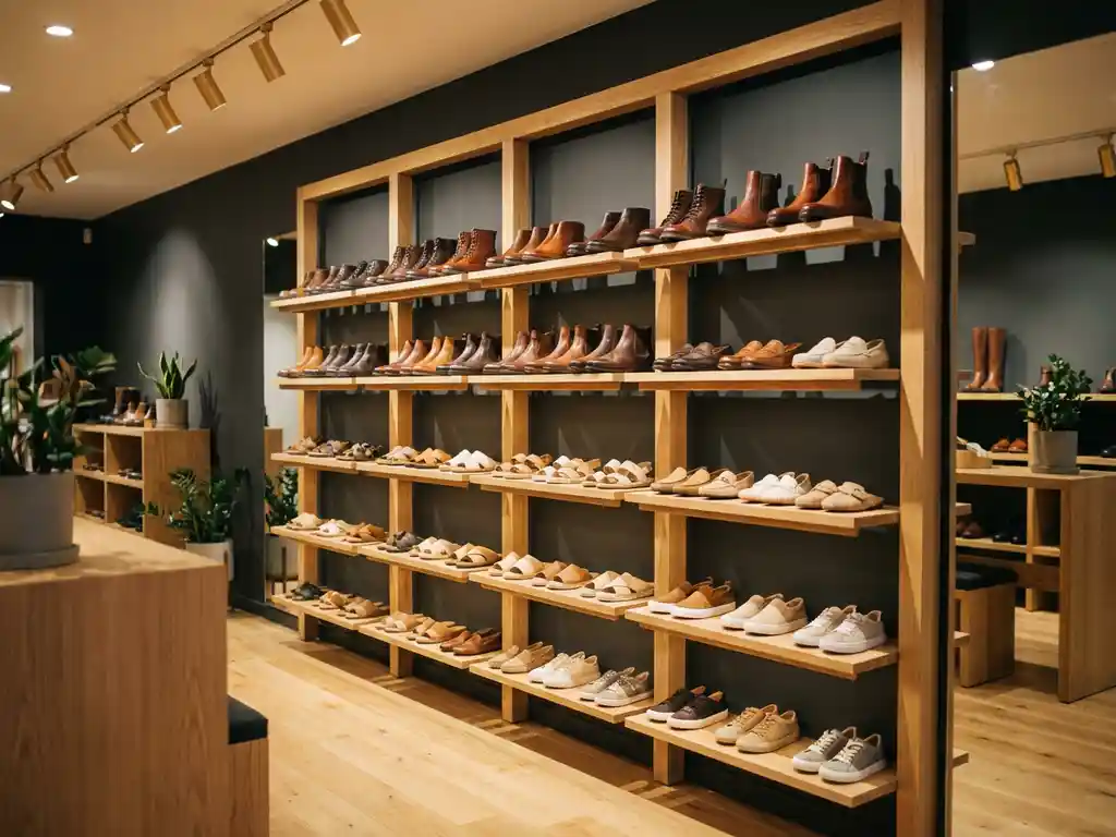 Houten winkelwand met seizoensovergang van donkere leren laarzen bovenaan naar lichte sandalen en sneakers onderaan