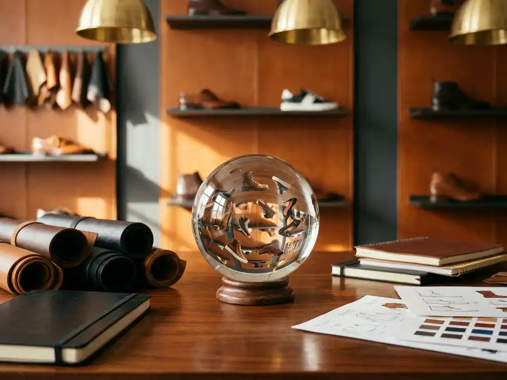 Kristallen bol met miniatuurschoenen op houten bureau in luxe schoenwinkel met leermonsters en trendgrafieken