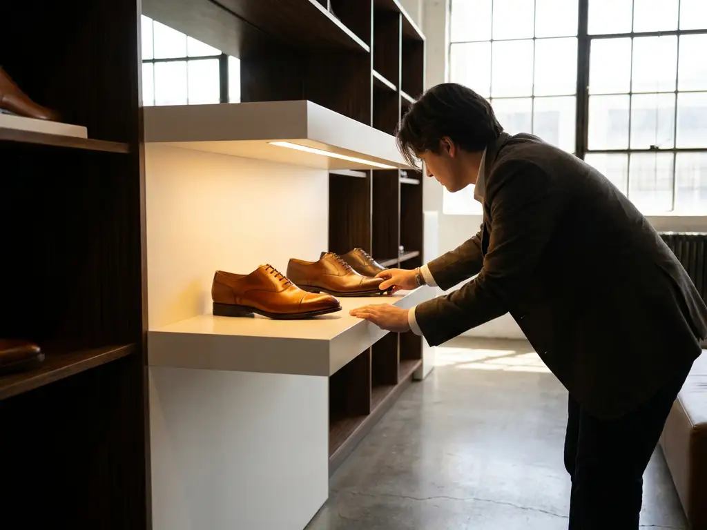 Retailer vergelijkt twee identieke bruine leren herenschoenen op witte displayplank in moderne schoenwinkel