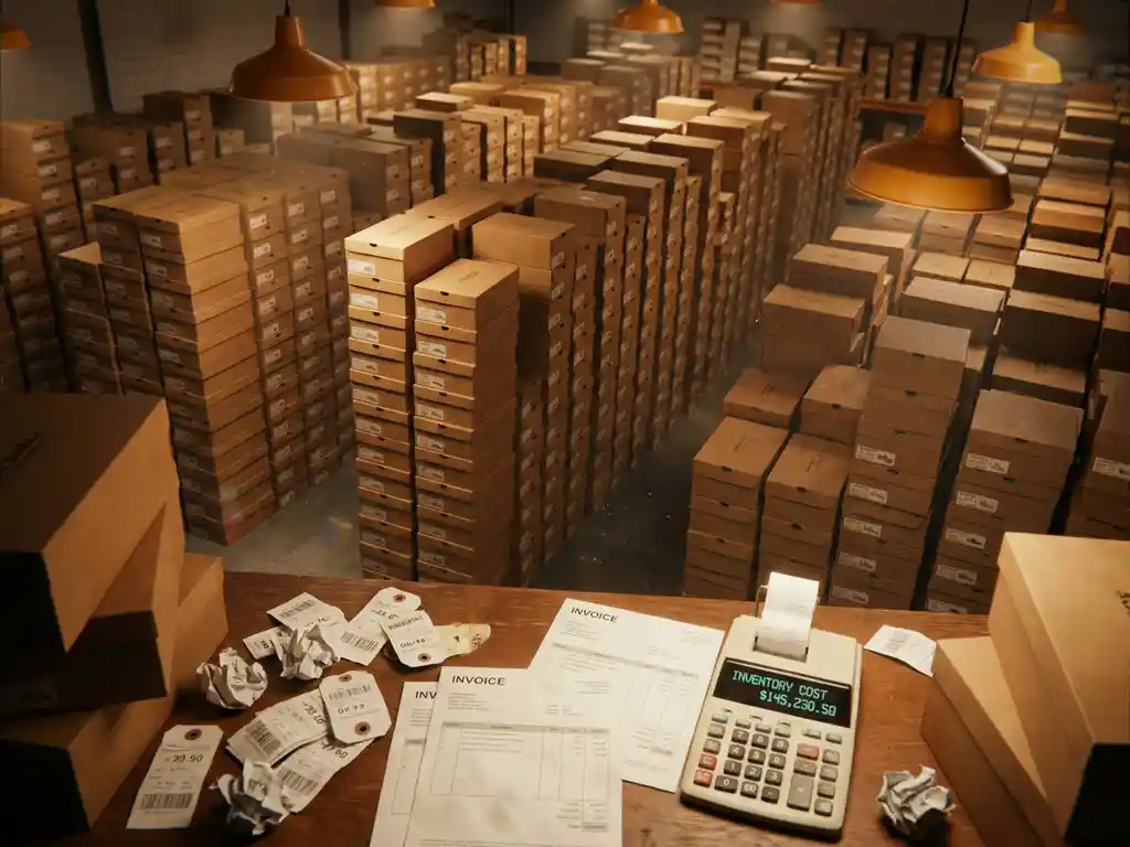Magazijn vol georganiseerde stapels schoenendozen met facturen en rekenmachine op houten bureau, warme industriële verlichting