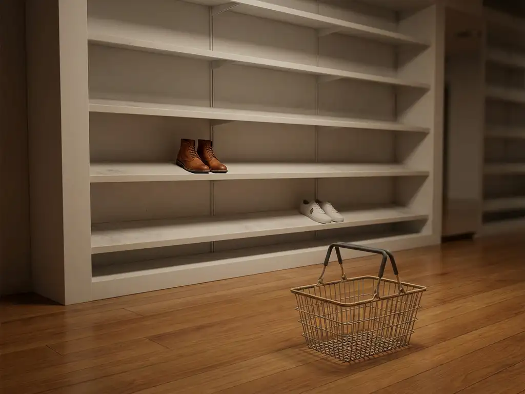 Bijna lege schoenwinkel met slechts twee paar schoenen op witte planken, verlaten winkelmandje op houten vloer