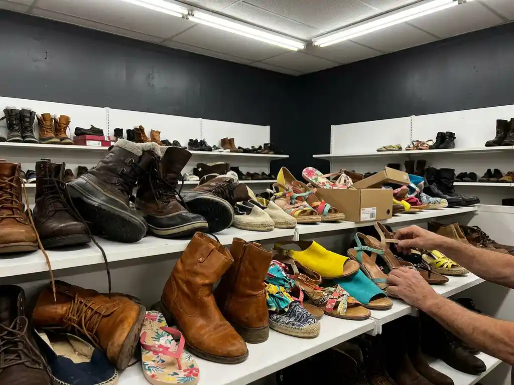 Rommelige schoenwinkel met zware winterlaarzen naast delicate zomersandalen op witte planken, schoenen vallen om en zijn slecht gepositioneerd