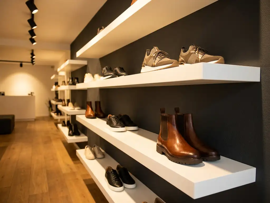 Moderne schoenwinkel met 2026 trending schoenstijlen op witte zwevende planken, leren laarzen en sneakers in cognac en zwart