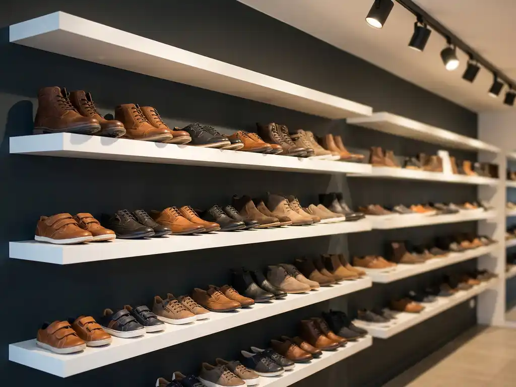 Professionele schoenwinkel wanddisplay met diverse schoenen georganiseerd op witte planken tegen donkergrijze muur
